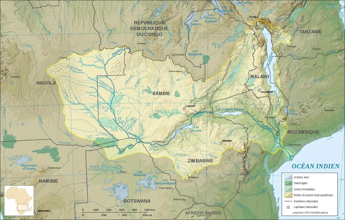 mapa Zambii pokazując rzek i jezior