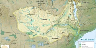 Mapa Zambii pokazując rzek i jezior