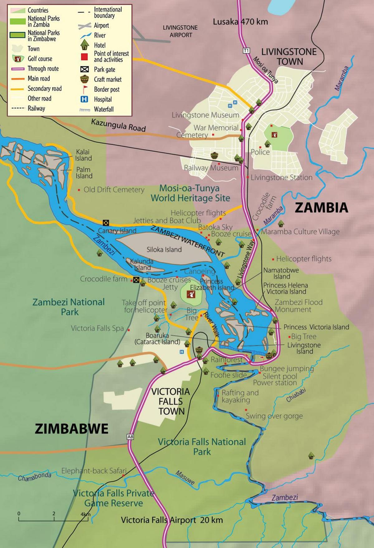 Mapa wodospad Wiktorii w Zambii